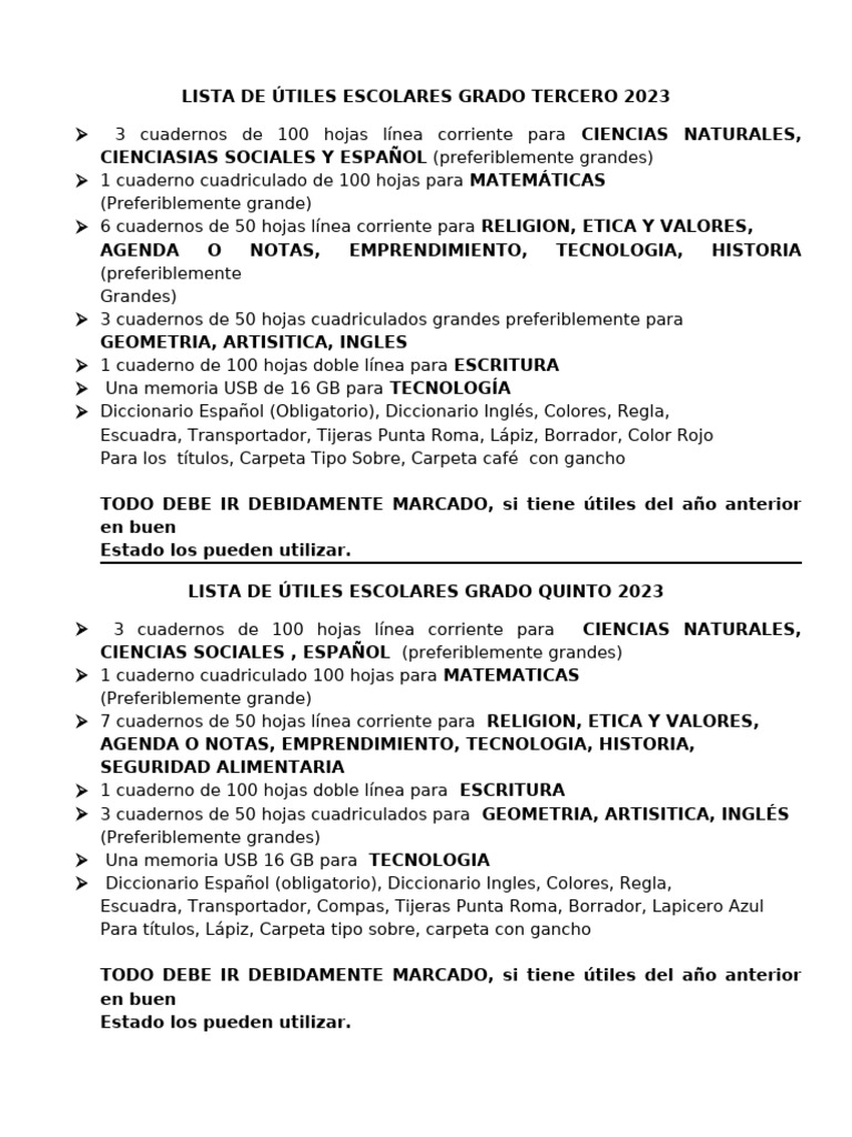 Lista de Útiles Esolares Grado Tercero y Quinto 2023 | PDF