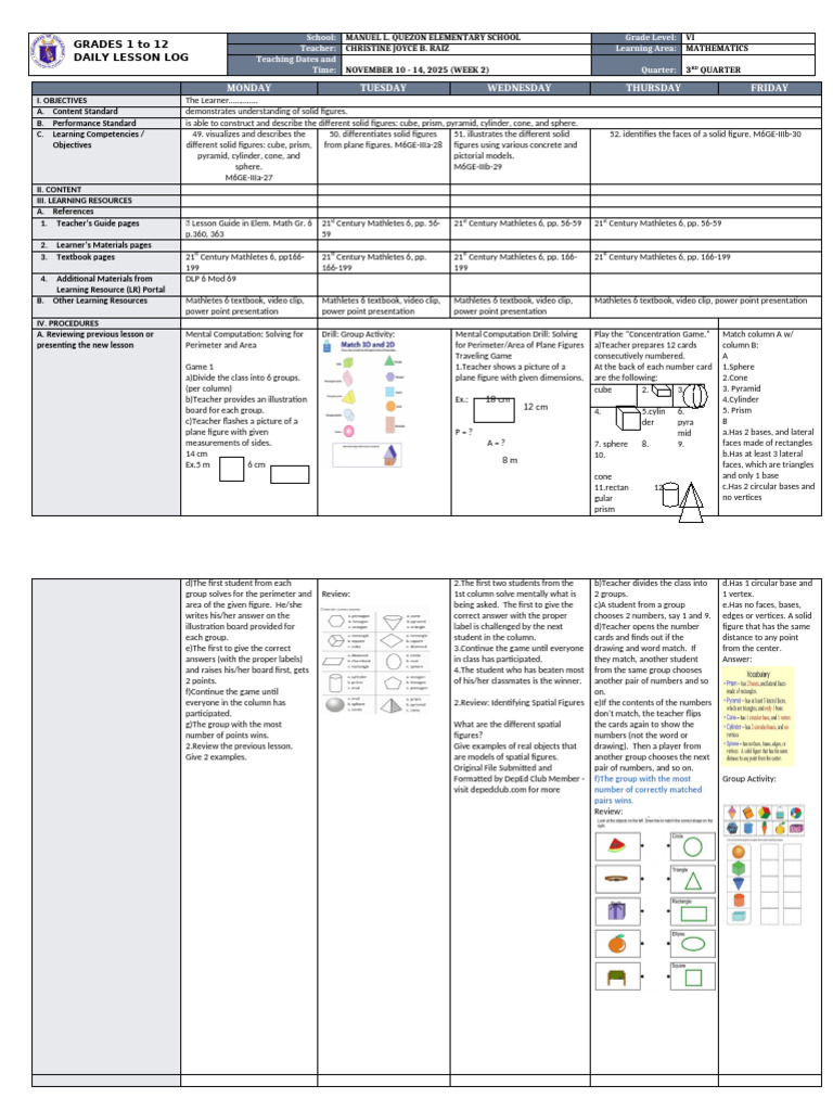 DLL Mathematics 6 q3 w2 | PDF | Shape | Area