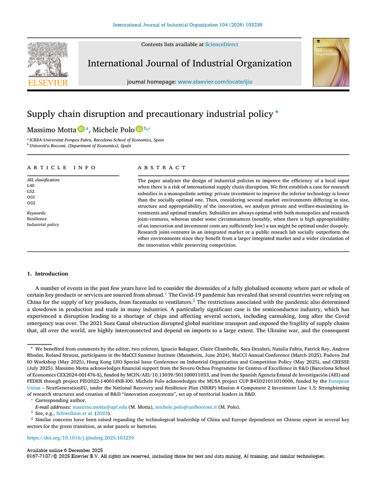 Supply Chain Disruption and Precautionary Industrial Policy | PDF ...