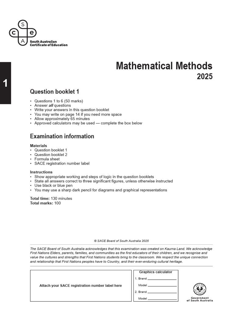 2025 SACE Mathematical Methods Examination Paper | PDF | Probability ...
