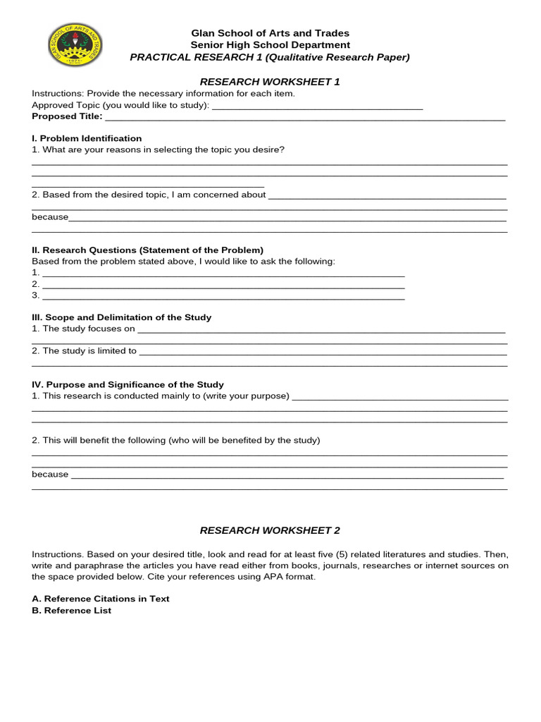 PR1 Research Worksheets | PDF | Questionnaire | Inquiry