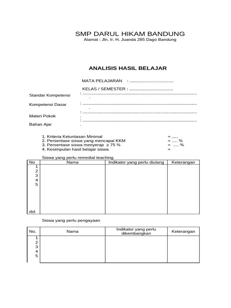 Form Analisis Hasil Belajar | PDF