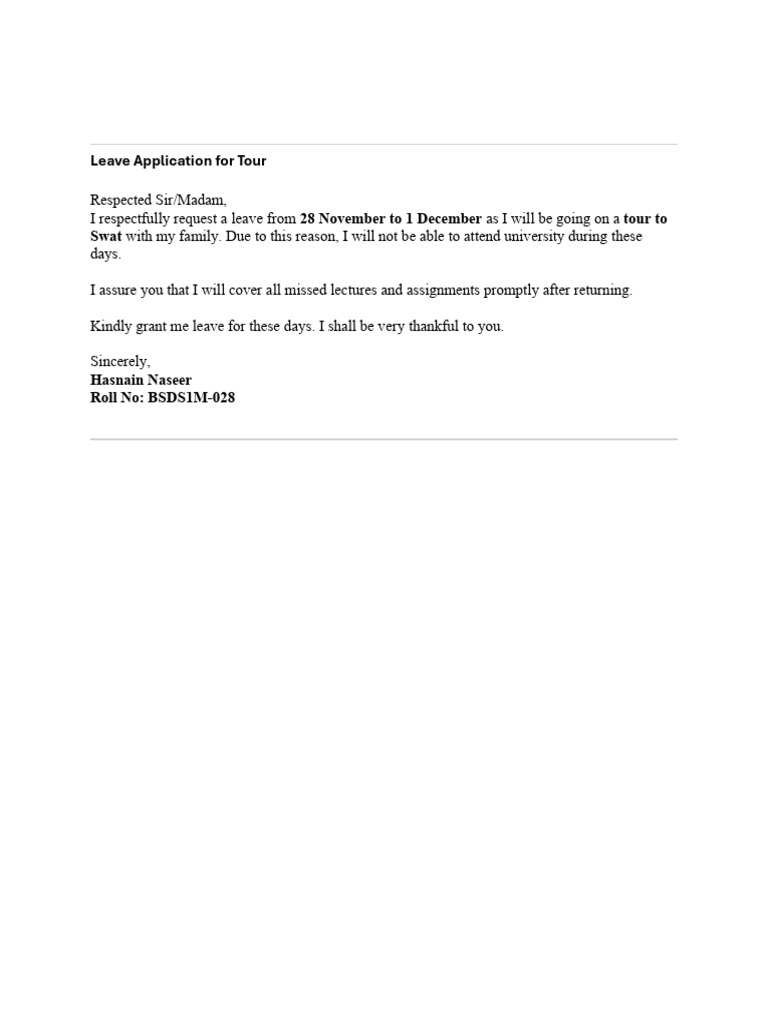 Leave Application For Tour: 28 November To 1 December Tour To Swat | PDF