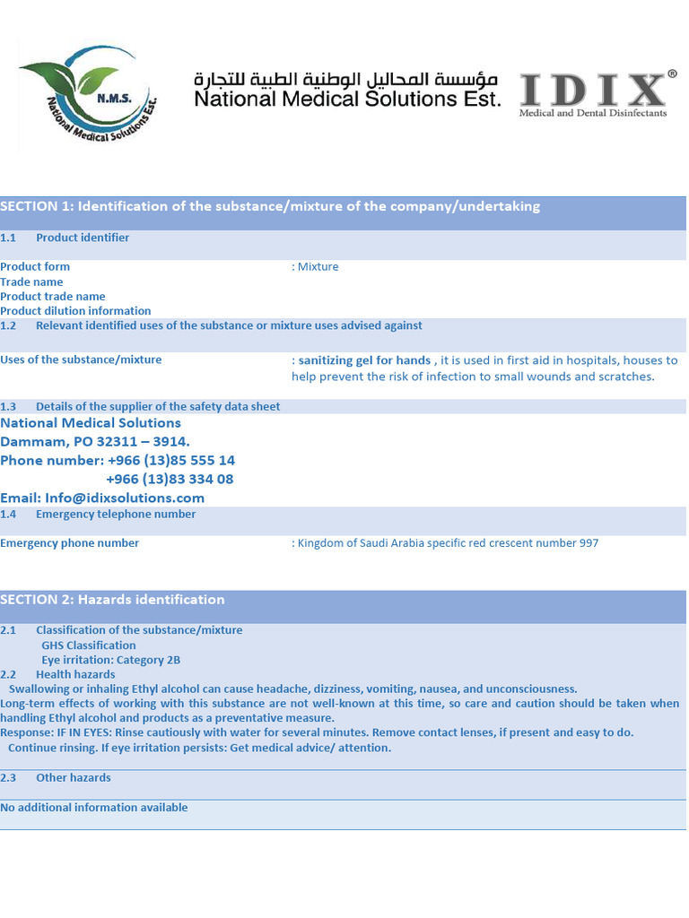 IDIX Hand Sanitizer Gel Safety Data Sheet - Compressed | PDF ...