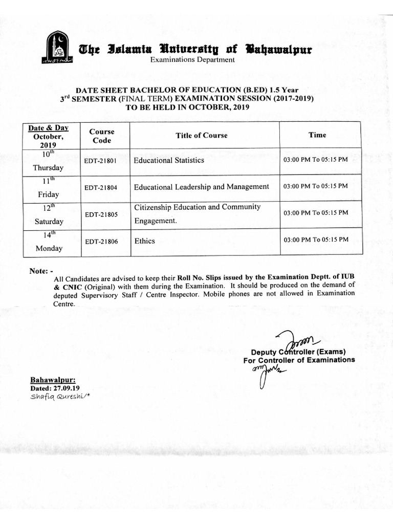 Date Sheet Bed Third Termfinal Term Affiliated Colleges | PDF