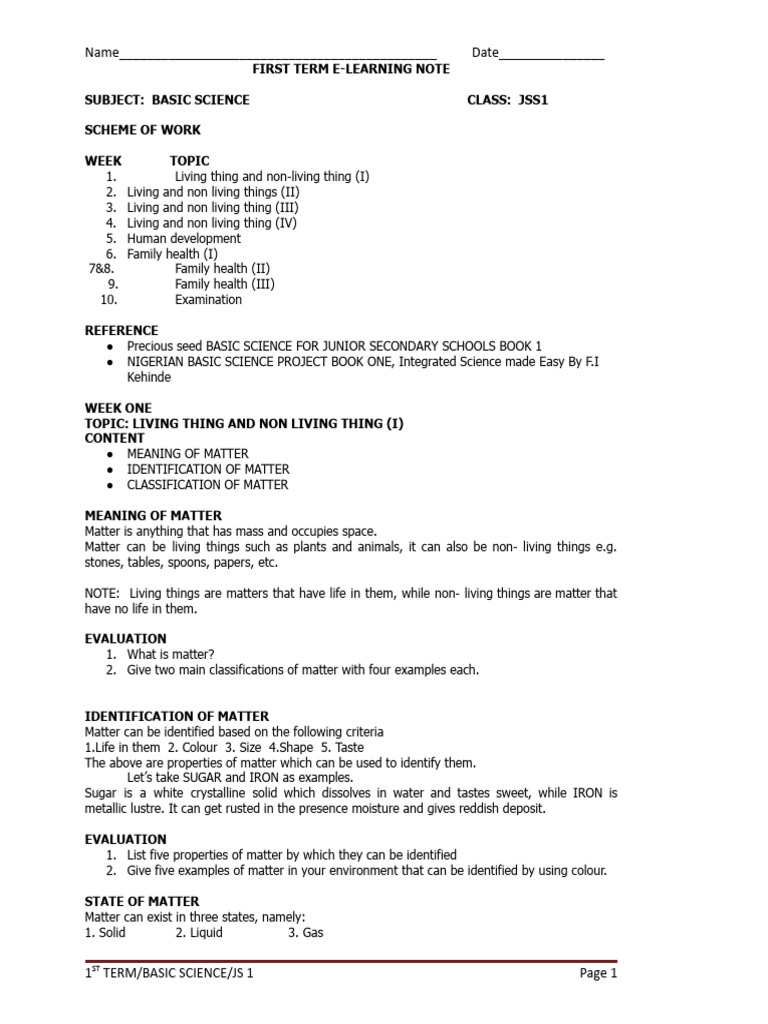 1ST Term J1 Basic Science | PDF | Foods | Puberty