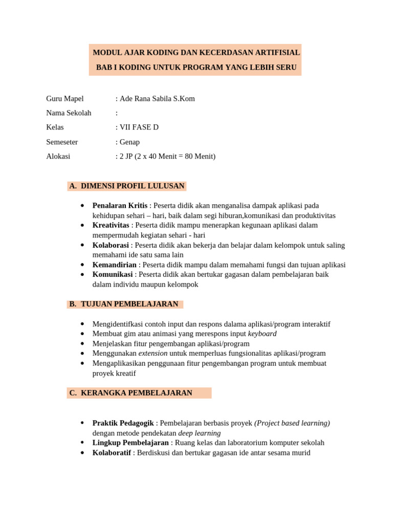 Modul Ajar Koding Dan Kecerdasan Artifisial | PDF