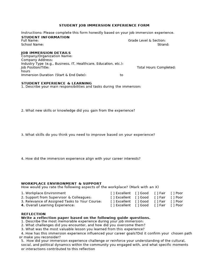 Student Job Immersion Experience Form | PDF