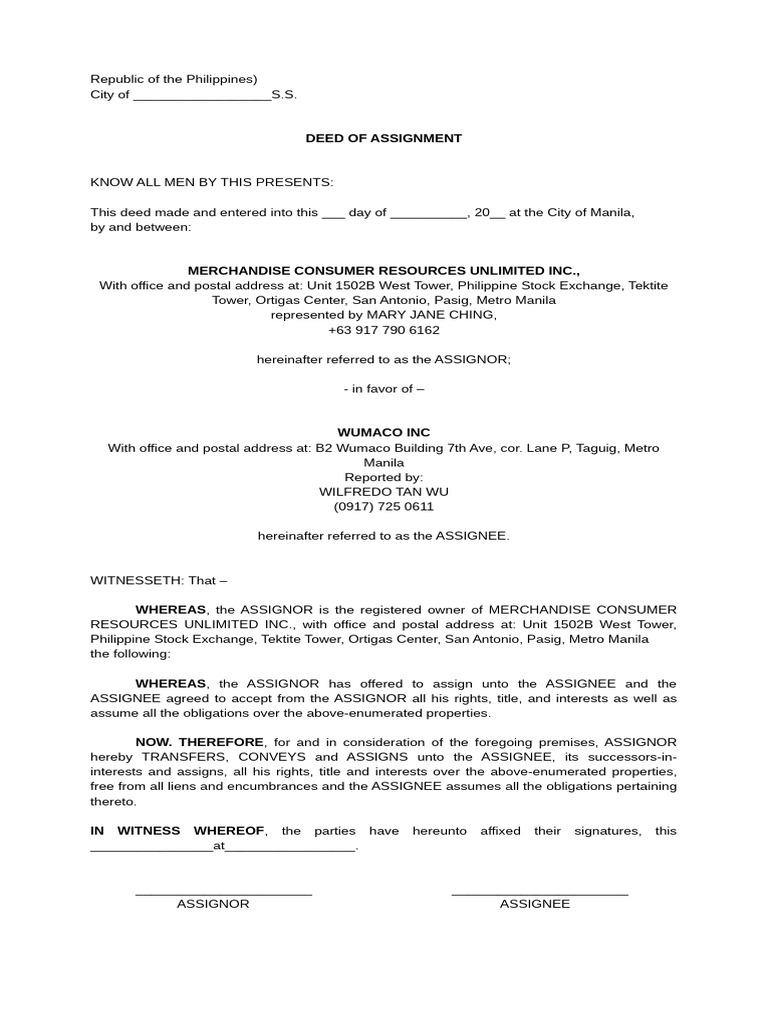 Sample DEED OF ASSIGNMENT | PDF | Assignment (Law) | Private Law