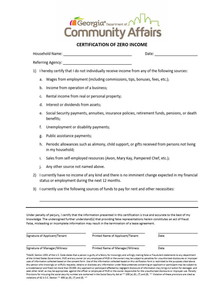 Zero Income Certification | PDF | Social Security (United States ...