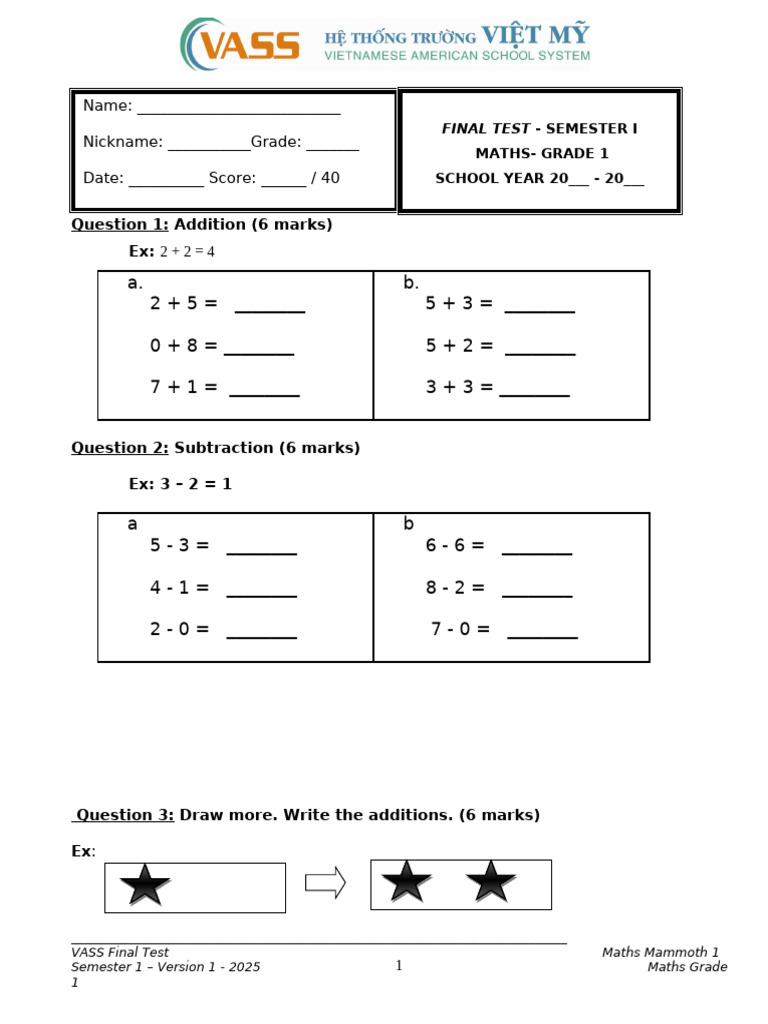 Maths 1st Final Test Grade 1 | PDF | Mathematics | Arithmetic