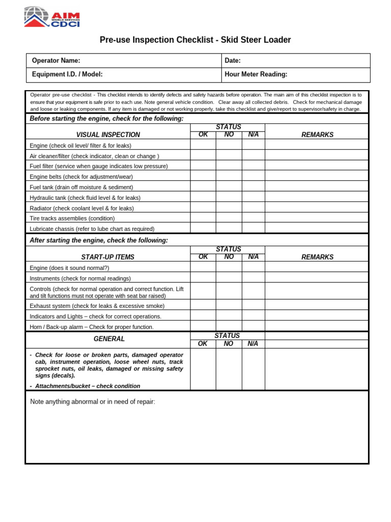 Skid Steer Loader Pre Use Inspection Form | PDF | Leak | Loader (Equipment)