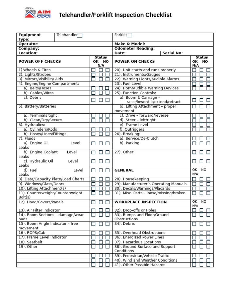 AIM CDCI Telehandler-Forklift Preuse Inspection Checklist | PDF ...