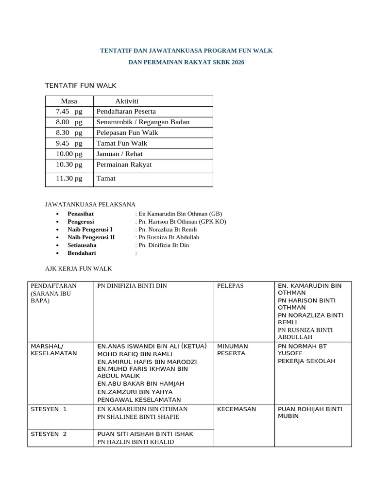 Tentatif Dan Jawatankuasa Program Fun Walk Dan Permainan Rakyat 2026 | PDF