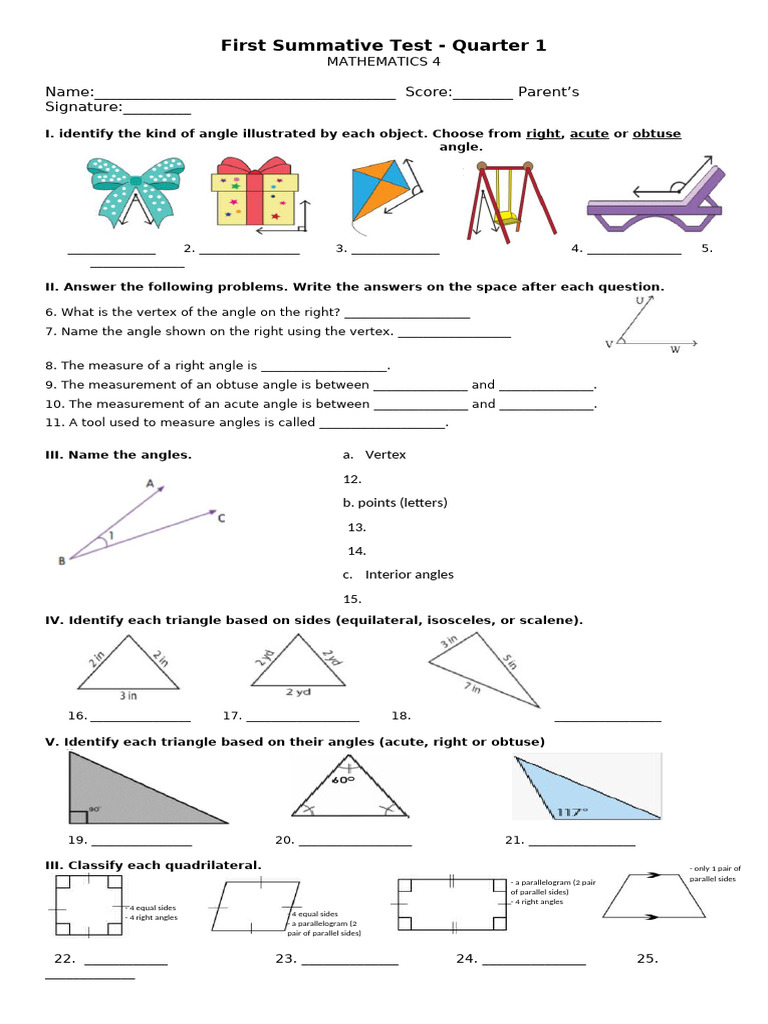 Math Q1S1 First Summative Testxerox 2024-2025 | PDF | Triangle | Angle
