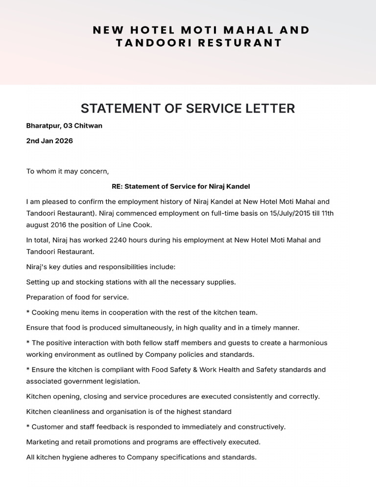 Statement of Service Letter Template | PDF
