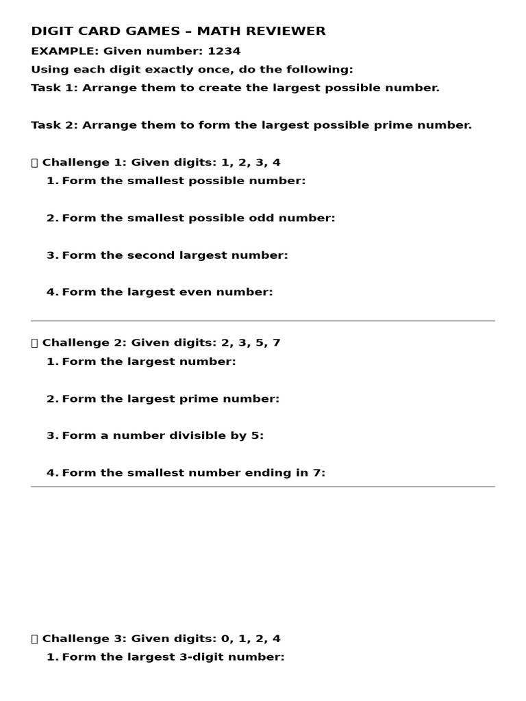 Digit Card Games - Activities | PDF | Numbers | Mathematics