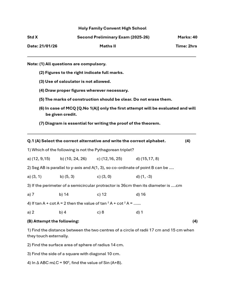 STD X Spe Maths II Hfchs Qns Paper (2025-26) | PDF | Triangle | Circle