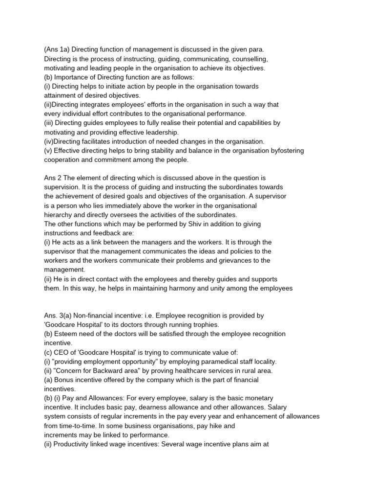 (Ans 1a) Directing Function of Management Is Discussed in The Given ...