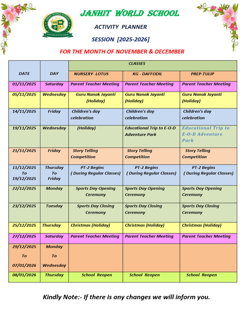Activity Planner For The Month of November & December | PDF | Observances