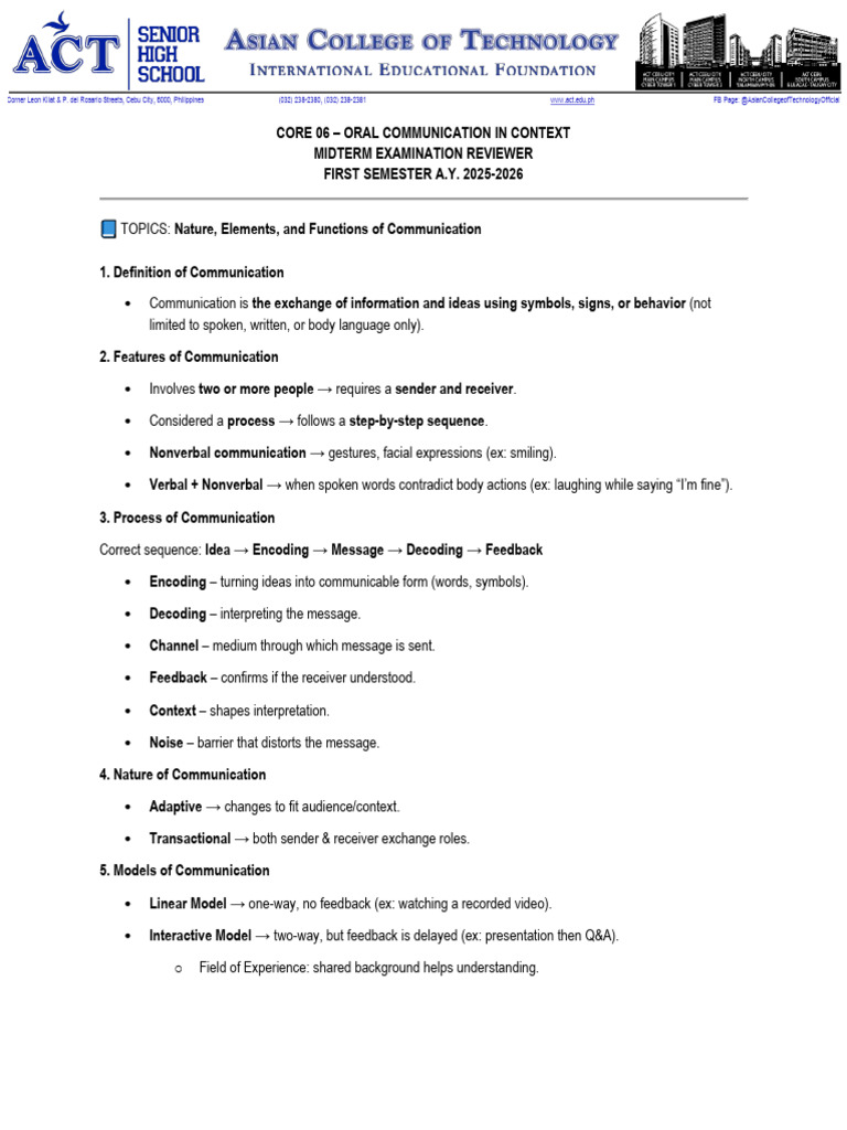 CORE 06 Midterm Examination Reviewer | PDF | Communication | Nonverbal ...