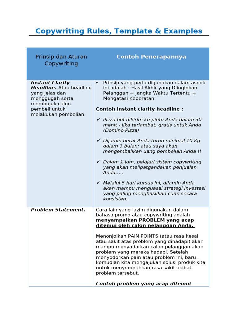 Copywriting Template X Examples | PDF