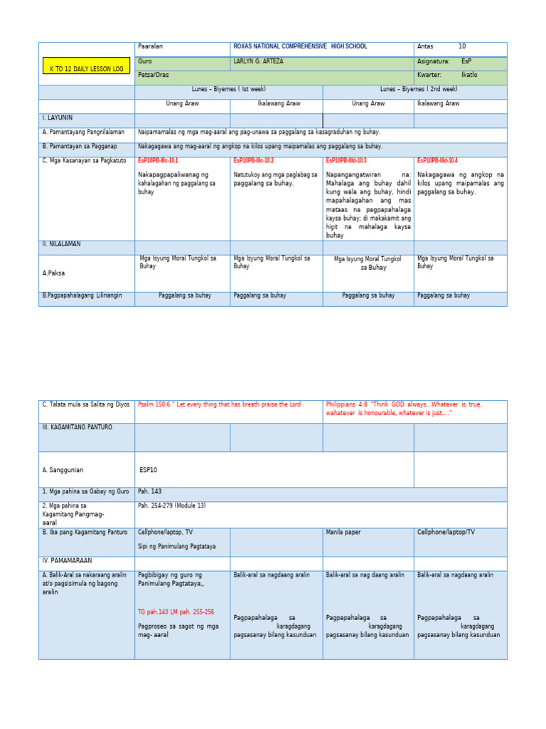 Esp 10 q3 DLL Week 3 & 4 | PDF