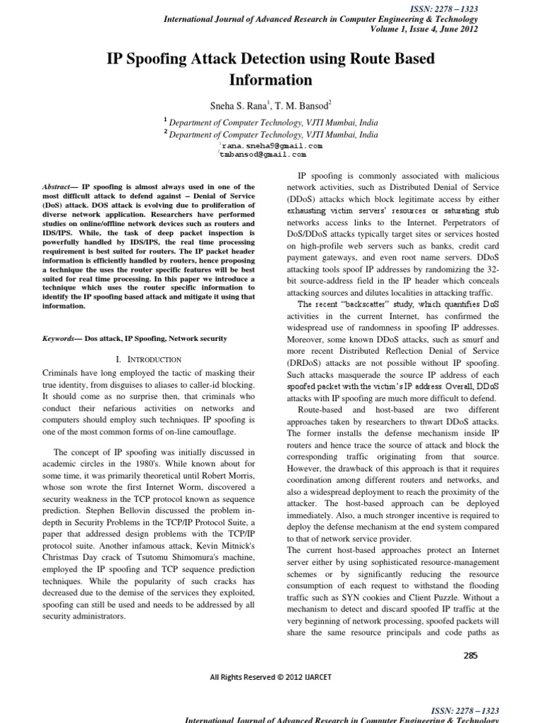 IP Spoofing Attack Detection Using Route Based Information: Sneha S ...