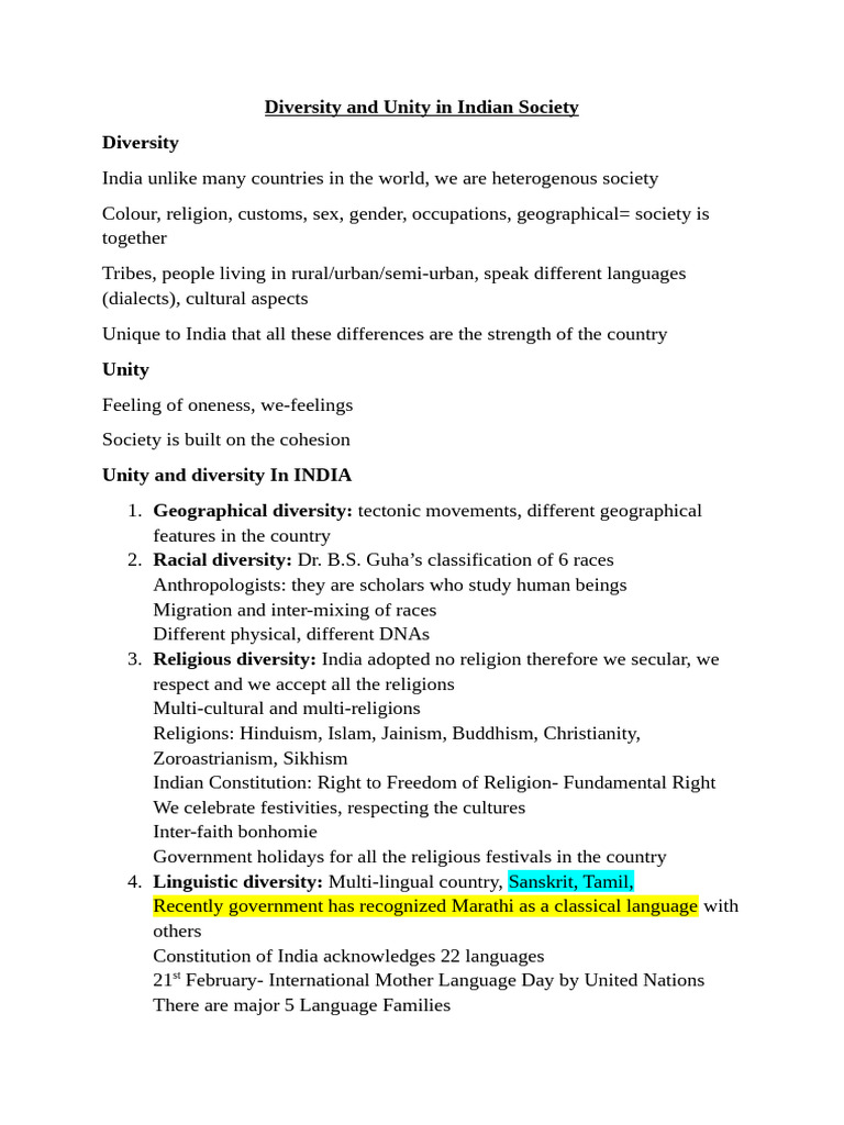 Diversity and Unity in Indian Society Chapter 3 12th Class | PDF | Caste