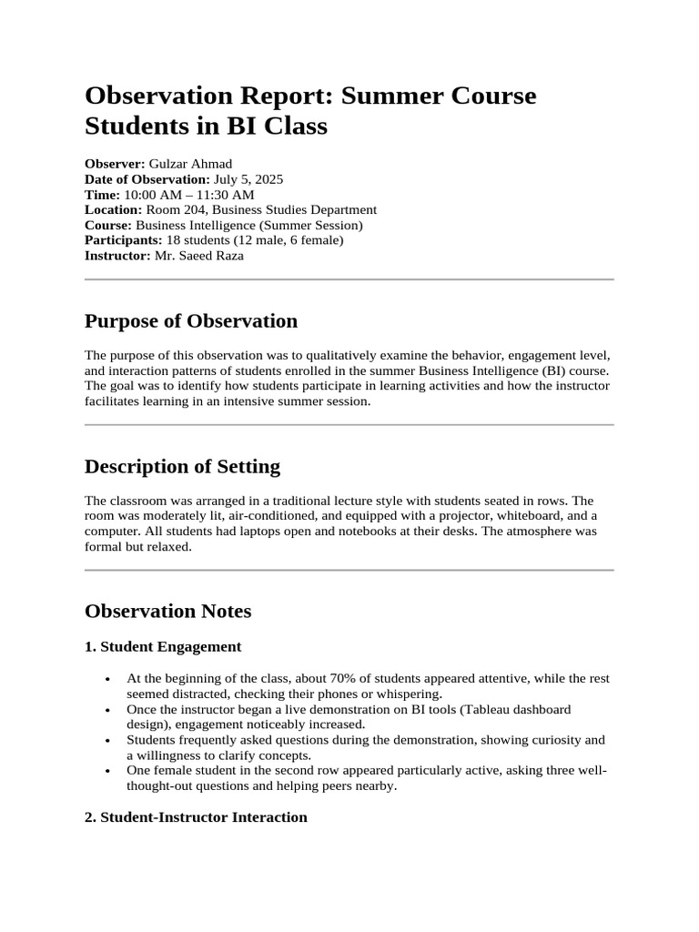 Observation Report | PDF | Learning | Cognition