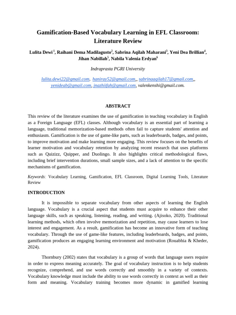 Gamification-Based Vocabulary Learning in EFL Classroom - Literature ...
