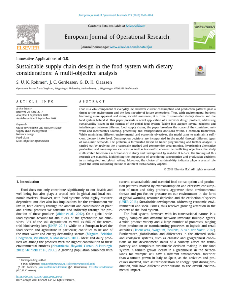Sustainable Supply Chain Design in The Food System With Dietary ...