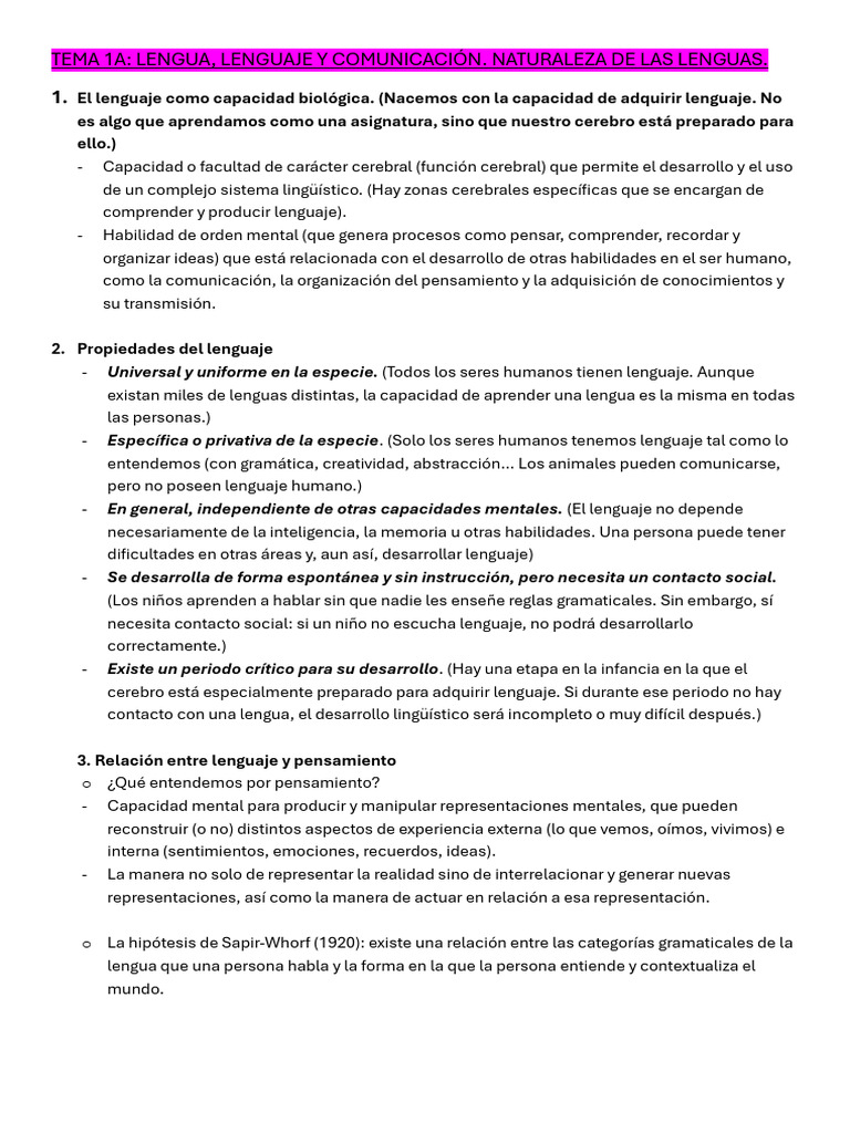 Tema 1a Lengua | PDF | Pensamiento | Mente
