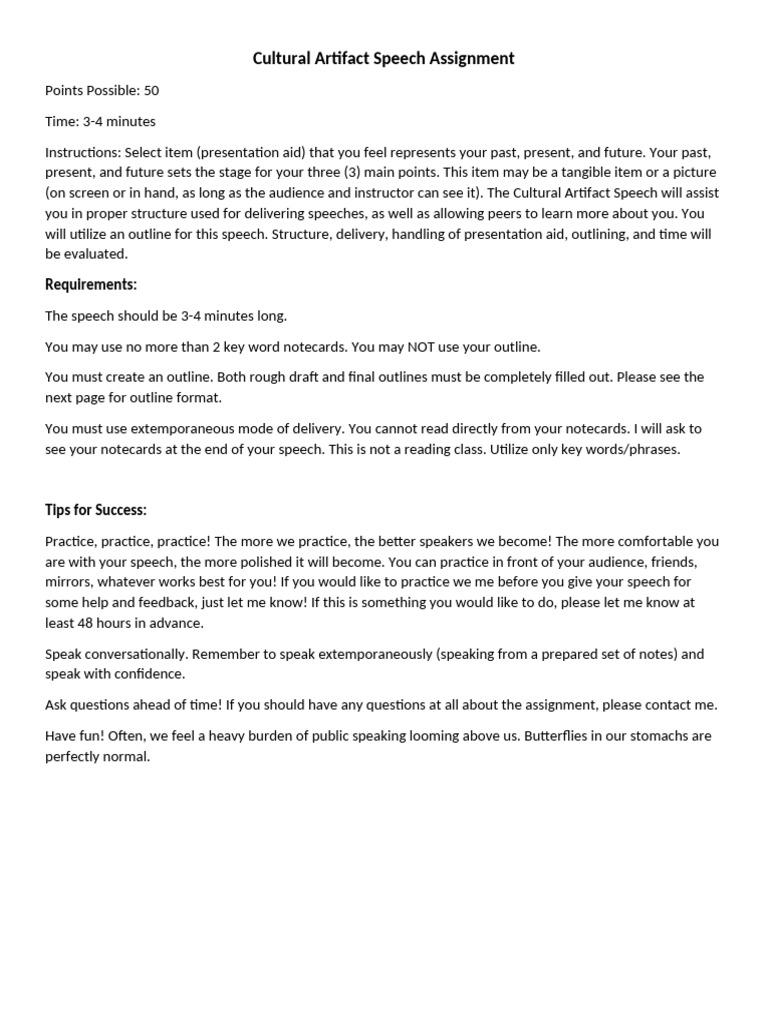 Cultural Artifact Speech Assignment | PDF | Human Communication ...