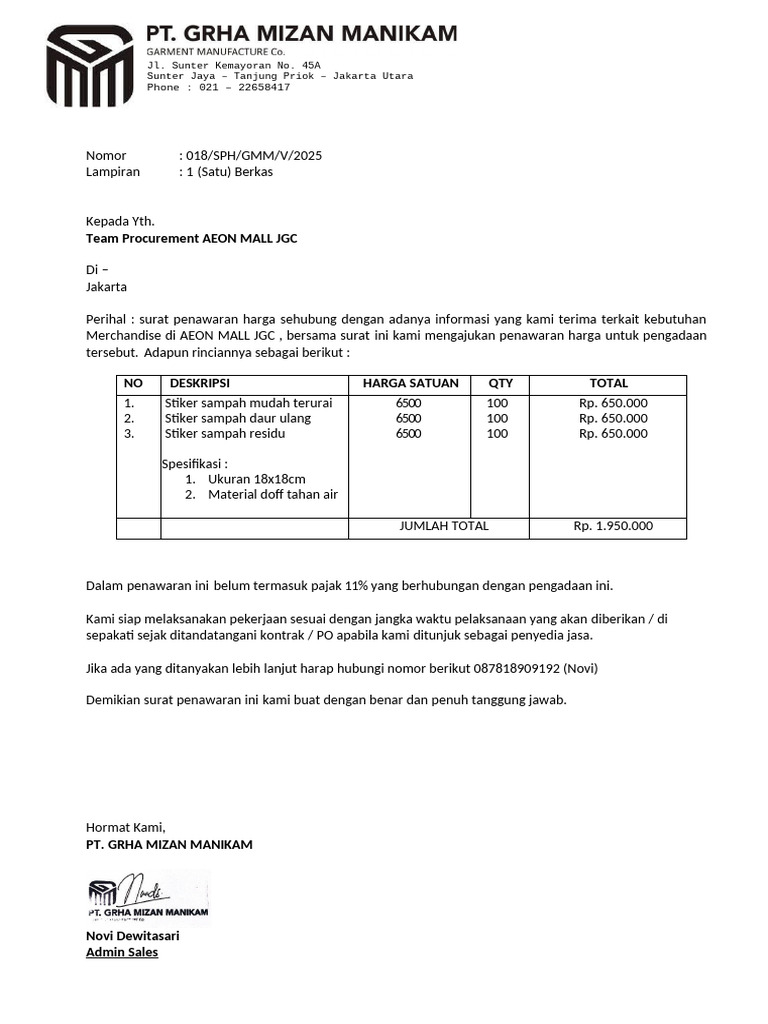Contoh Surat Penawaran Harga GMM | PDF
