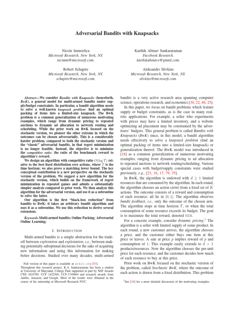 Adversarial Bandits With Knapsacks | PDF | Mathematical Optimization ...