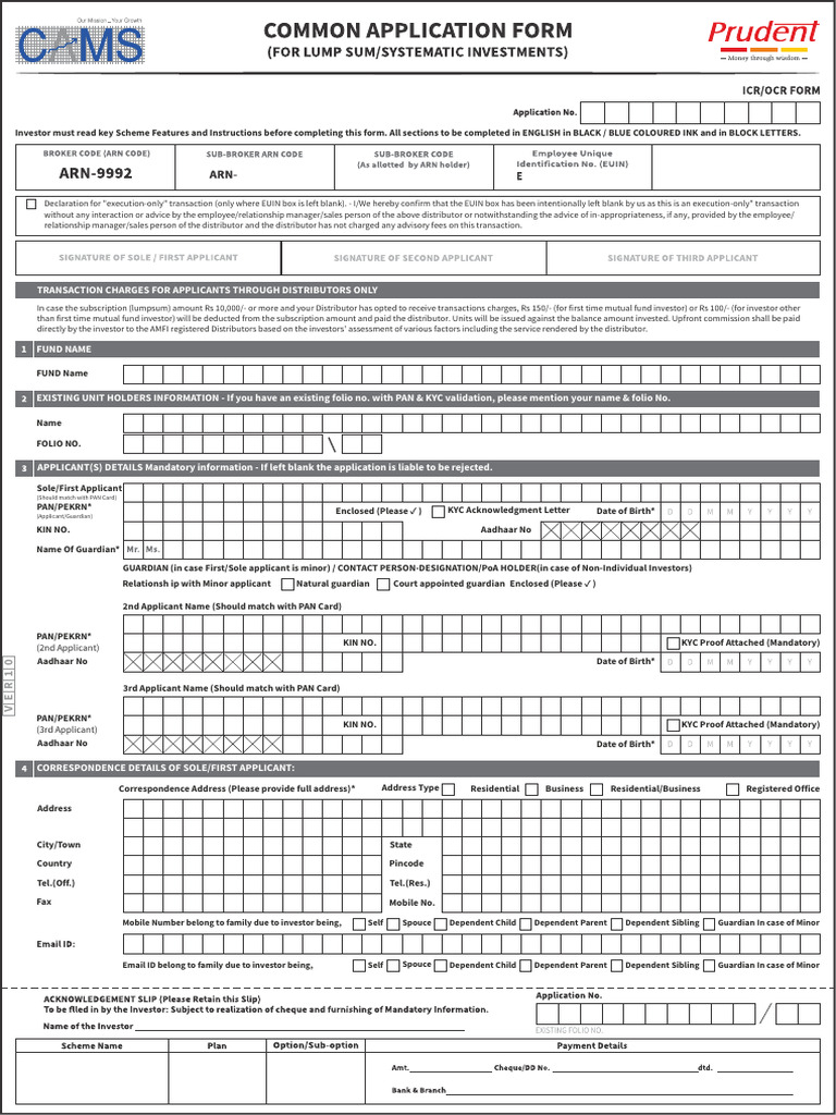 CAMS Common Application Form | PDF | Cheque | Banks
