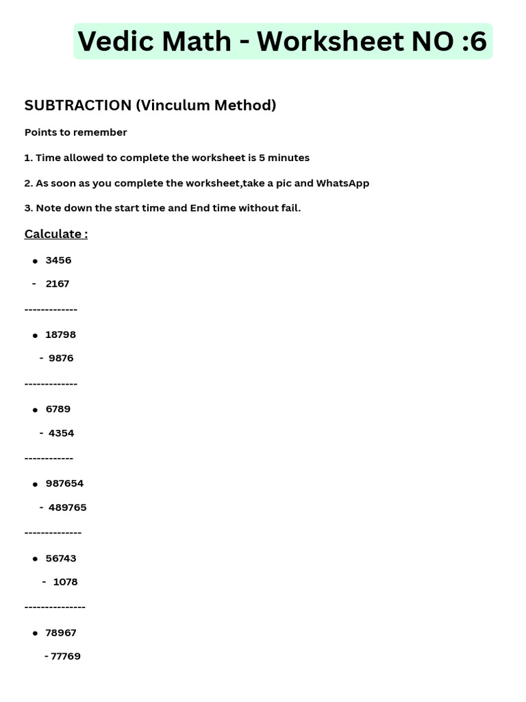 Vedic Math - Worksheet 6 | PDF