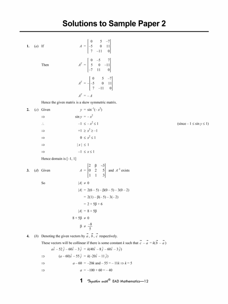 Cbse cl12 Ead Mathematics 2026 Edition Ans To SP 2 | PDF
