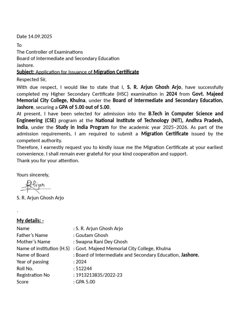 Letter Sii Arjun Ghosh | PDF