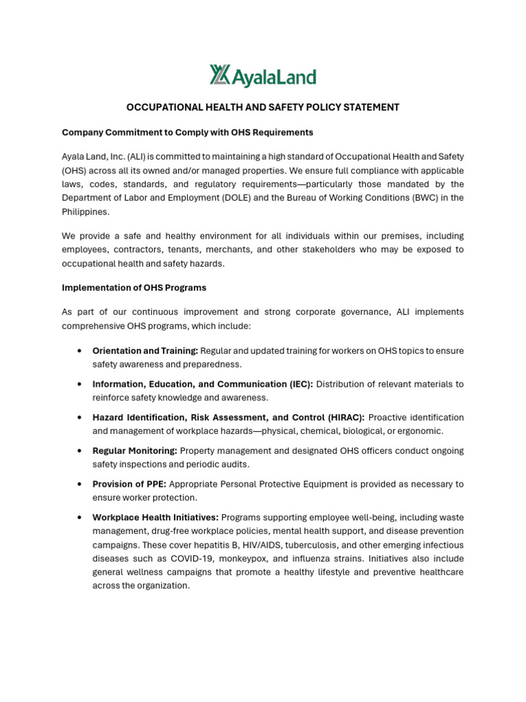 Ayala Land Occupational Health and Safety Policy June 2025 | PDF ...