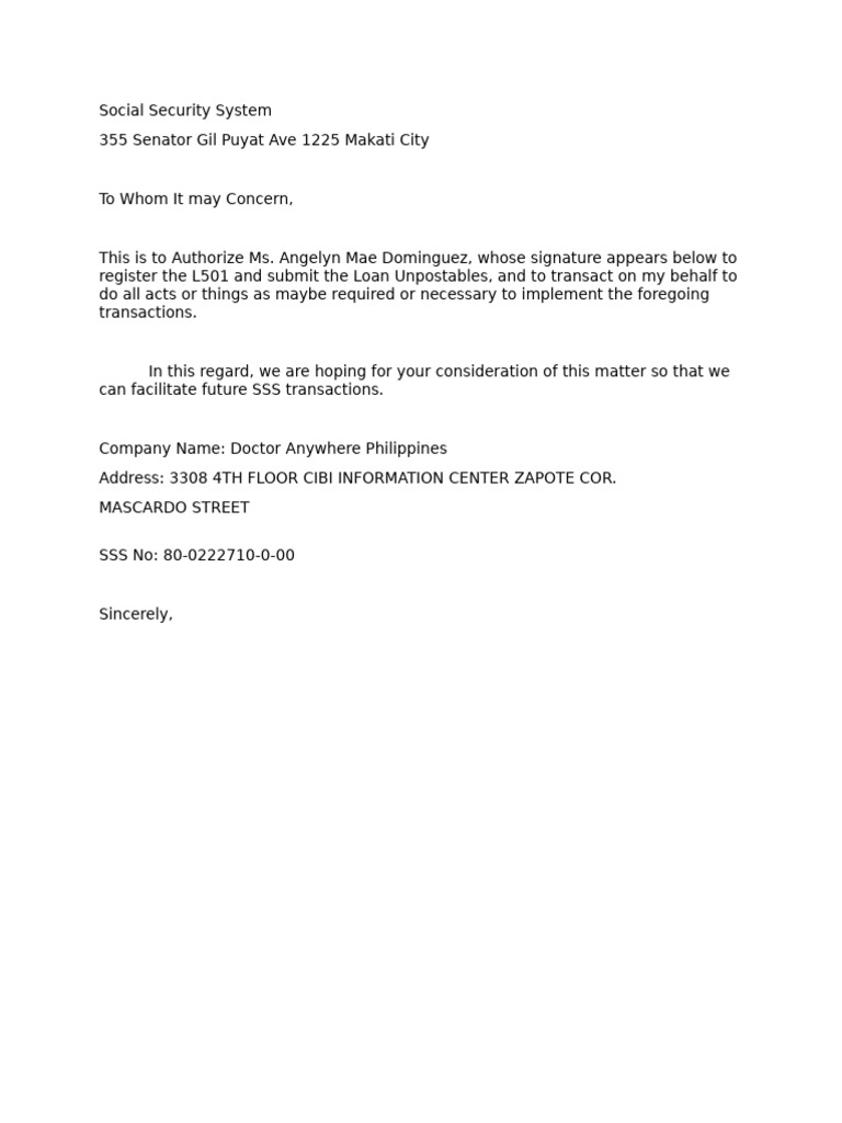 DAPI SSS Authorization Letter | PDF