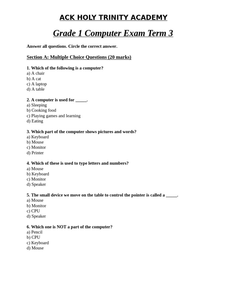 Grade 1 Computer Exam Term 3 | PDF