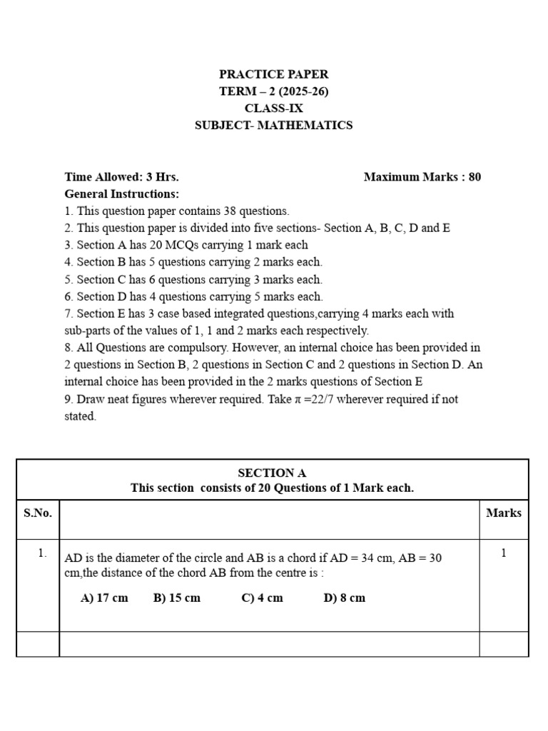 Practice Paper 2 Maths Cl-9 Term-2 2025-26 | PDF | Area | Mathematics