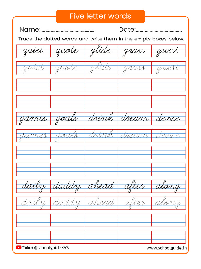 Five Letter Words Cursive Worksheet 3 | PDF