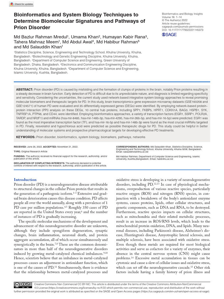 Mredul Et Al 2022 Bioinformatics and System Biology Techniques To ...