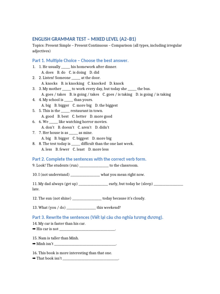 English Grammar Test Mixed Level | PDF | English Grammar | Chess Theory