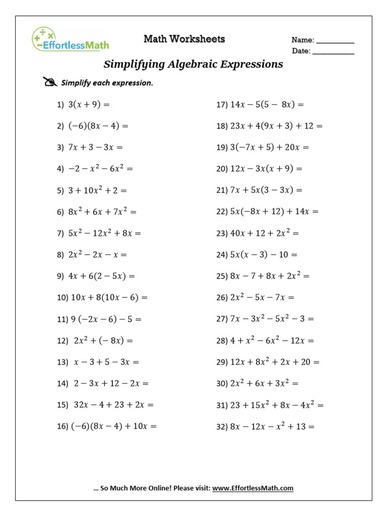 Simplifying Algebraic Expressions | PDF | Mathematics