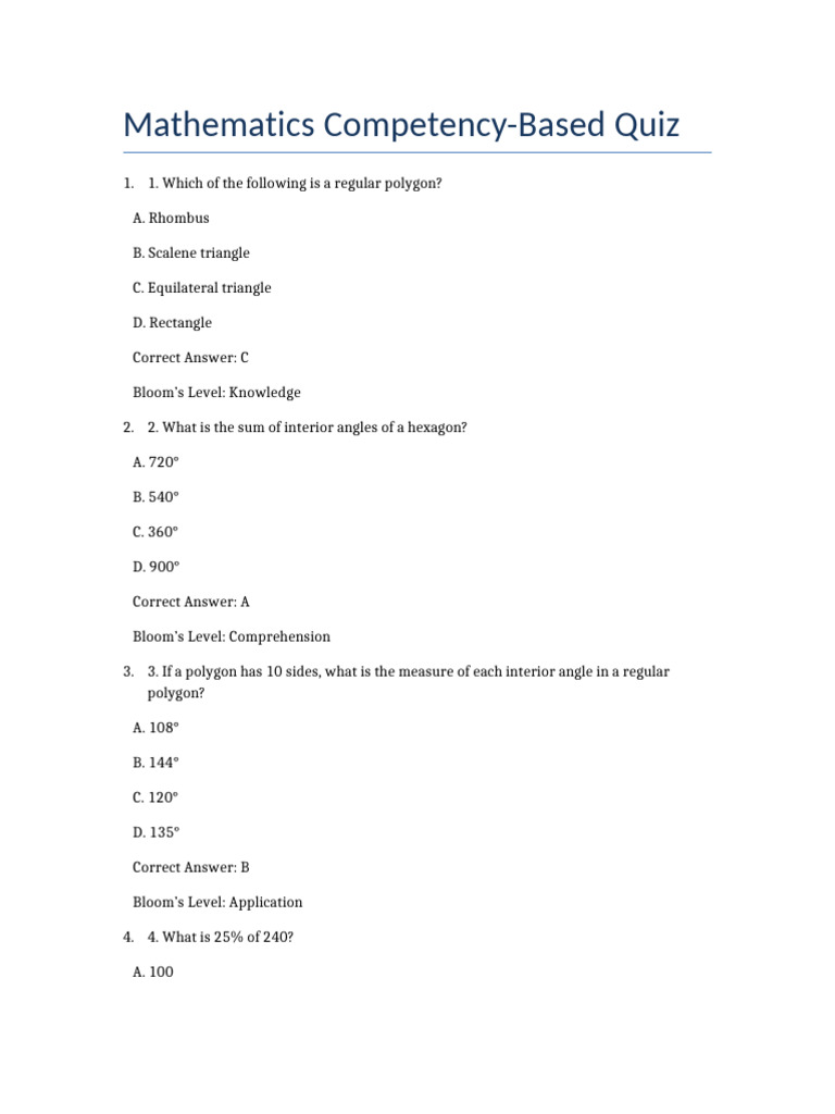 Mathematics Competency Based Quiz | PDF | Sampling (Statistics) | Triangle