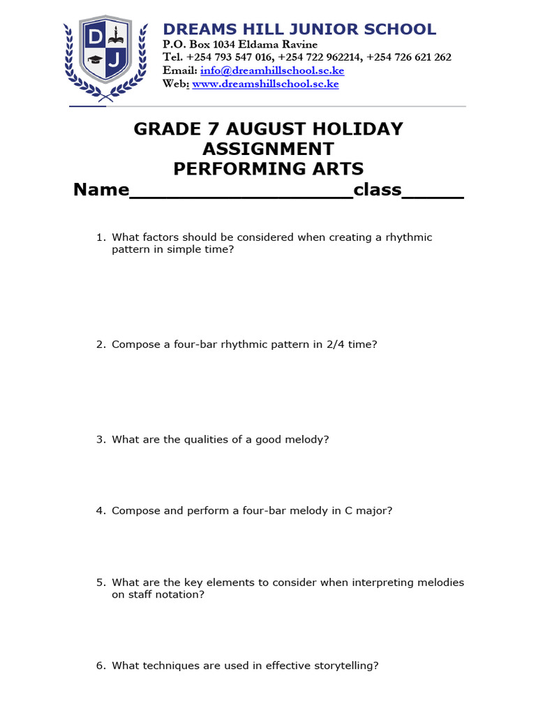 Grade 7 Performing Arts August Holiday Assignment | PDF